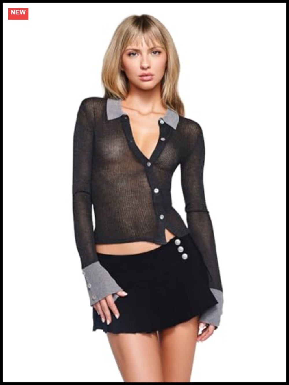 Sheer Ribbed Knit Crop Top with Asymmetric Buttons, Long Sleeve